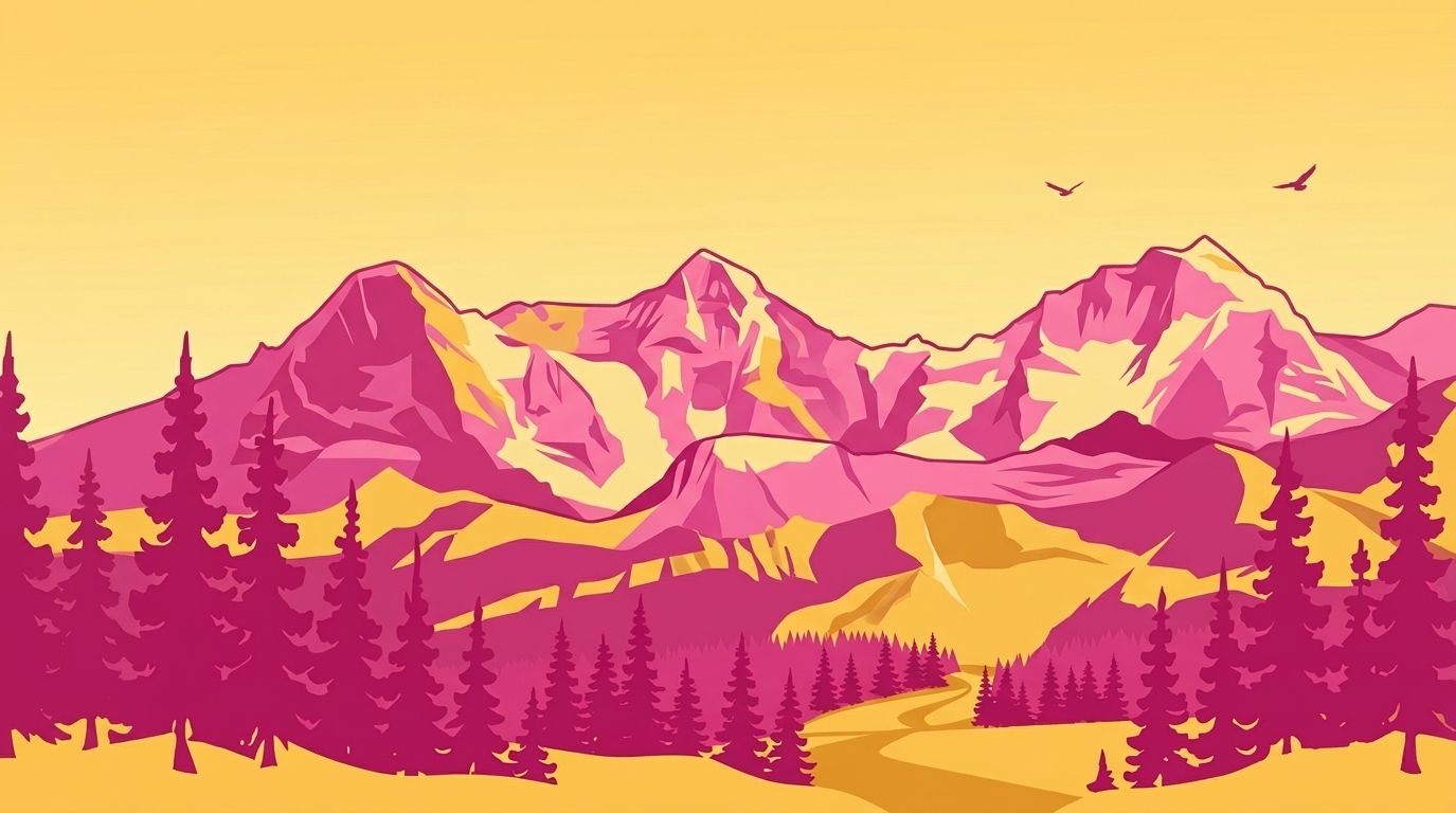 Illustration eines Alpenpanoramas mit Bergen, Tannen und einem Wanderweg in den Sirupine-Markenfarben Pink und Gelb